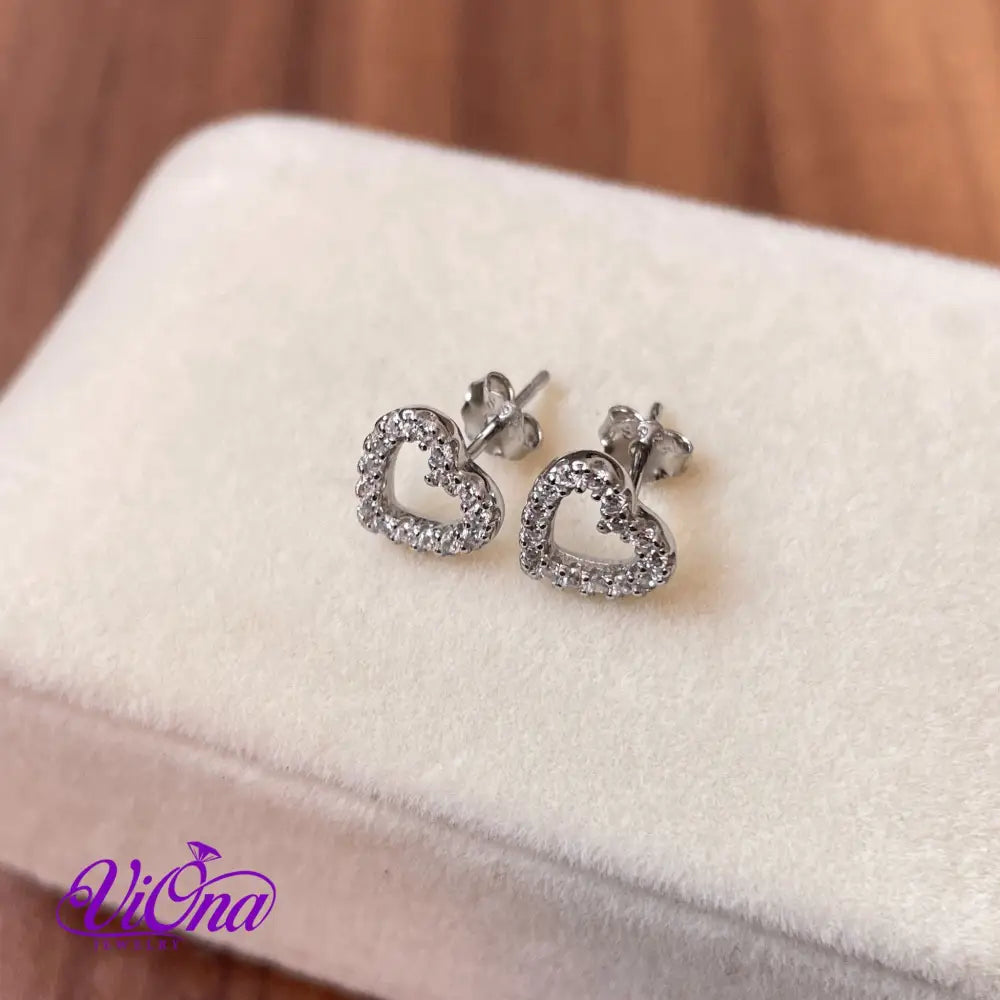 Hollow Heart Stud Earrings with Decorated CZ Stones from 925 Sterling Silver