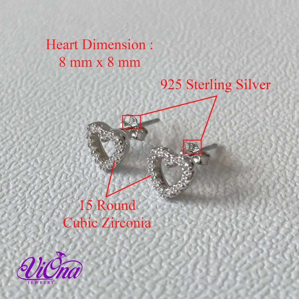 Hollow Heart Stud Earrings with Decorated CZ Stones from 925 Sterling Silver