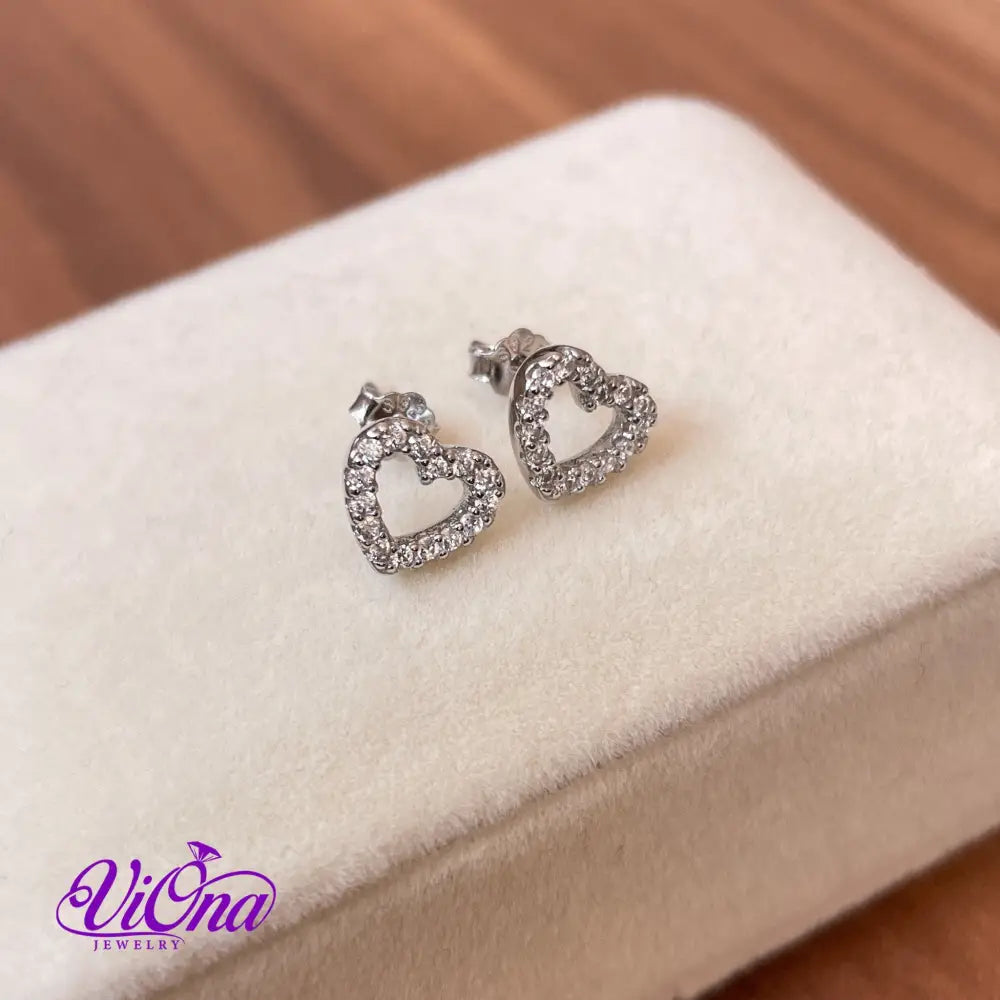 Hollow Heart Stud Earrings with Decorated CZ Stones from 925 Sterling Silver