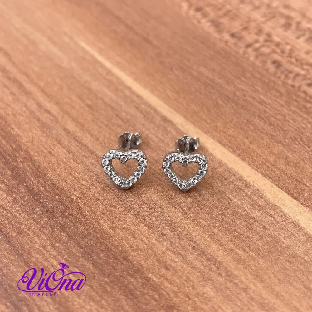 Hollow Heart Stud Earrings with Decorated CZ Stones from 925 Sterling Silver