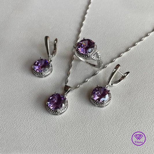 Multicolor 925 Silver Plated Jewelry Set with Round Cubic Zirconia 3 Pieces - Purple