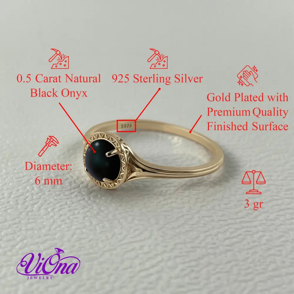 Natural Black Onyx Ring in 925 Sterling Silver, Gold-Plated with Round Cut, Root Chakra Harmony