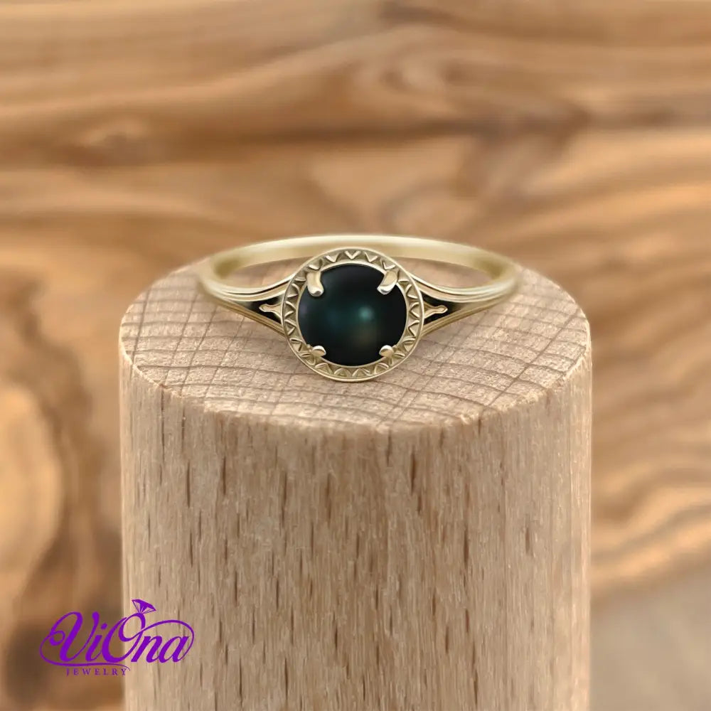 Natural Black Onyx Ring in 925 Sterling Silver, Gold-Plated with Round Cut, Root Chakra Harmony