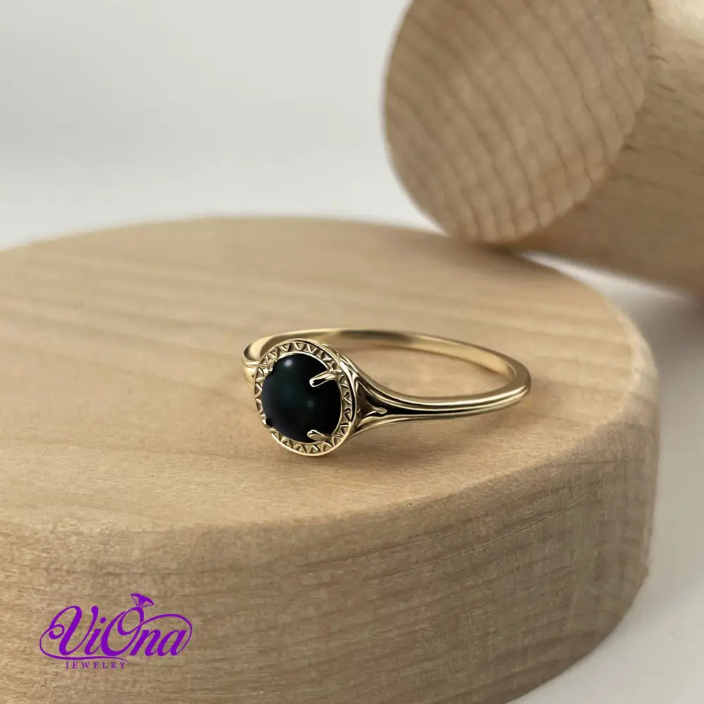 Natural Black Onyx Ring in 925 Sterling Silver, Gold-Plated with Round Cut, Root Chakra Harmony