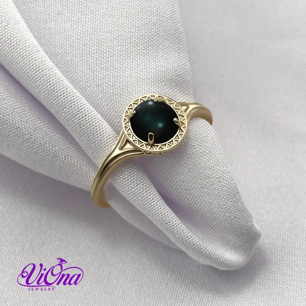 Natural Black Onyx Ring in 925 Sterling Silver, Gold-Plated with Round Cut, Root Chakra Harmony