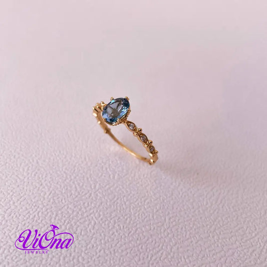 Natural blue topaz gemstone ring with gold plated sterling silver, 925 Stamped