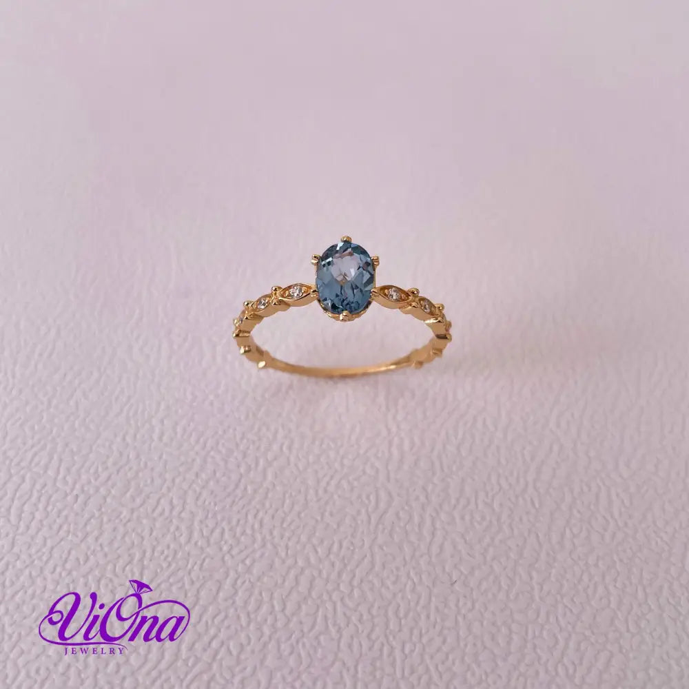 Natural blue topaz gemstone ring with gold plated sterling silver, 925 Stamped