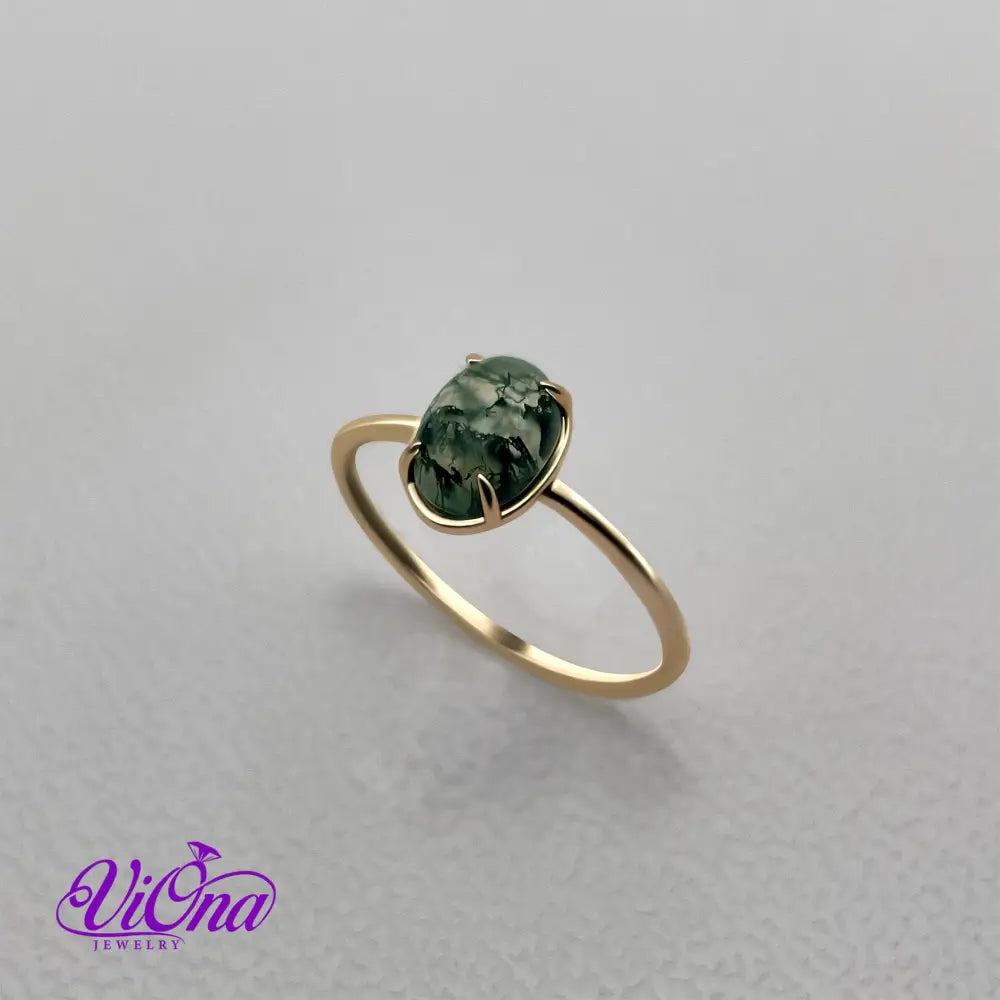 Natural Stone Green Moss Agate Ring with Polished Gold Plated 925 Sterling Silver