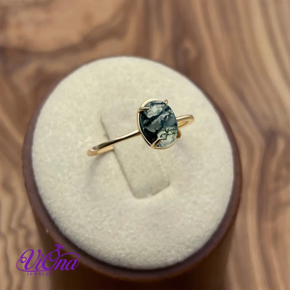 Natural Stone Green Moss Agate Ring with Polished Gold Plated 925 Sterling Silver