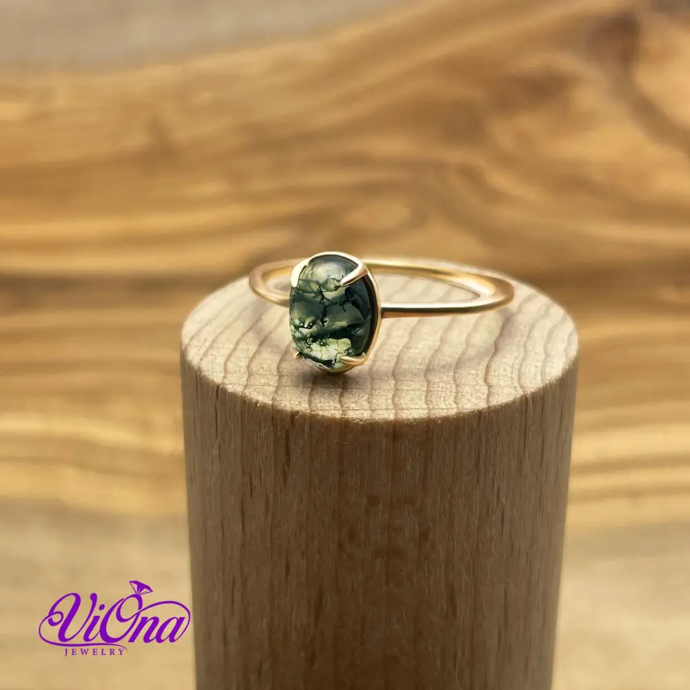 Natural Stone Green Moss Agate Ring with Polished Gold Plated 925 Sterling Silver