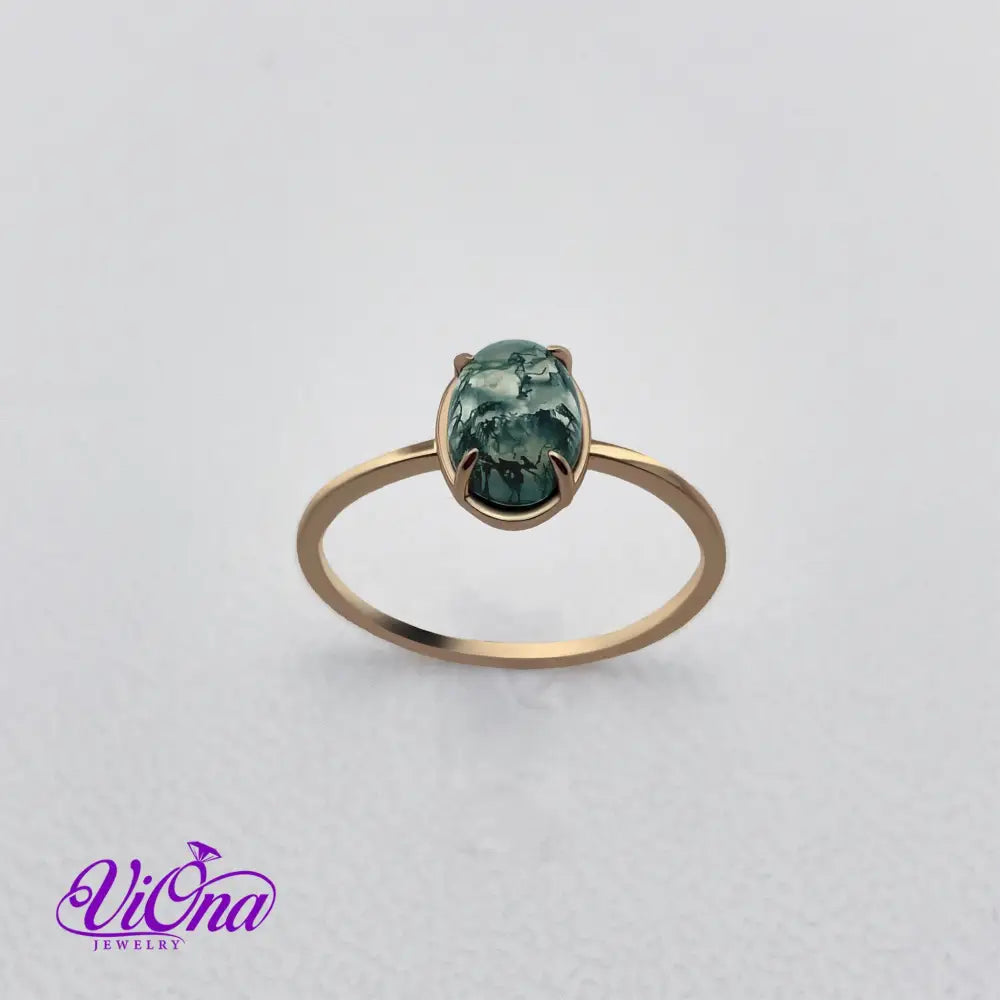 Natural Stone Green Moss Agate Ring with Polished Gold Plated 925 Sterling Silver