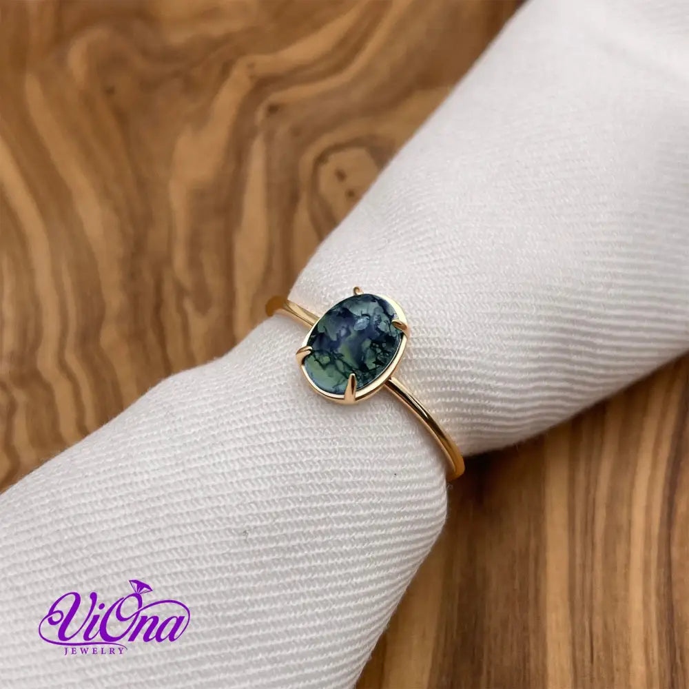 Natural Stone Green Moss Agate Ring with Polished Gold Plated 925 Sterling Silver