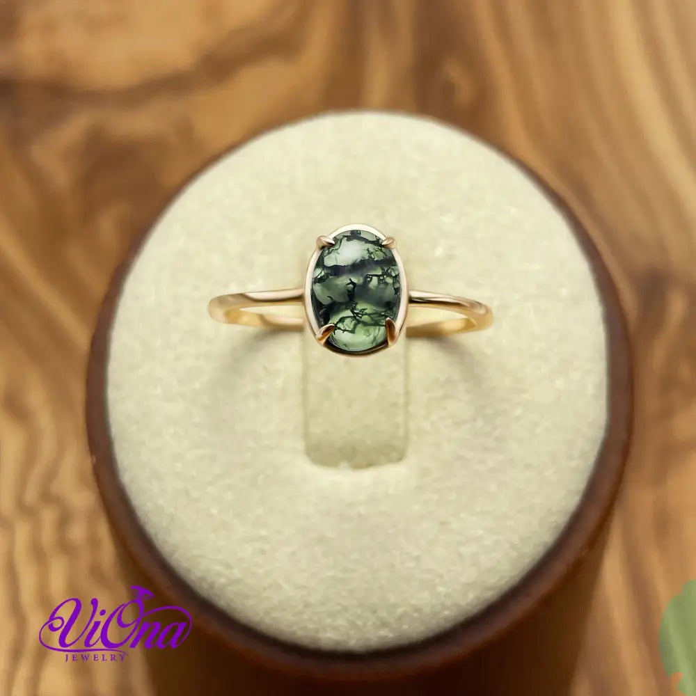 Natural Stone Green Moss Agate Ring with Polished Gold Plated 925 Sterling Silver