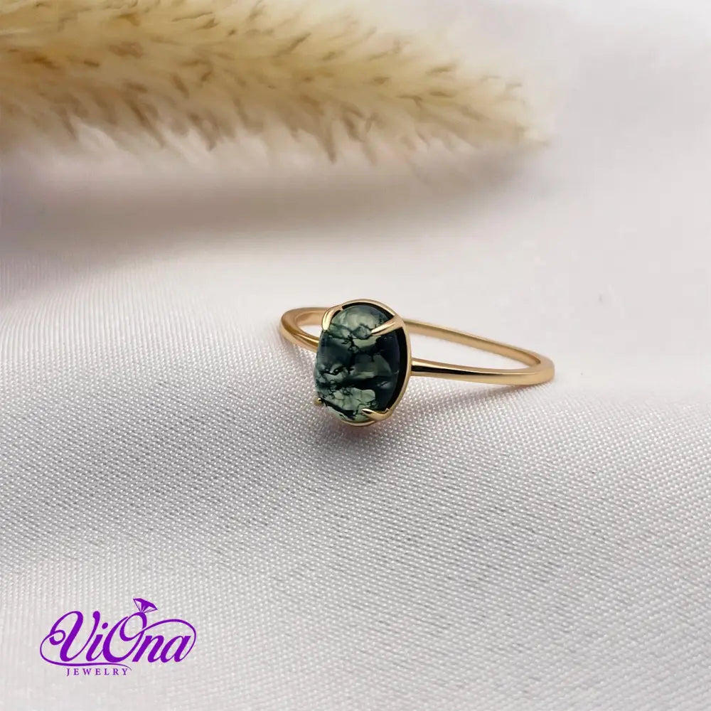 Natural Stone Green Moss Agate Ring with Polished Gold Plated 925 Sterling Silver