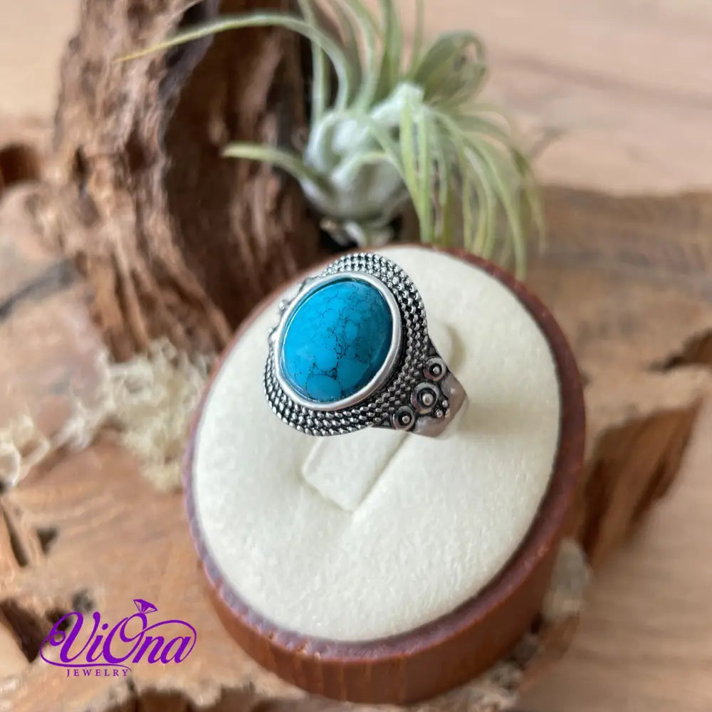 Natural stone turquoise ring with engraved 925 sterling silver