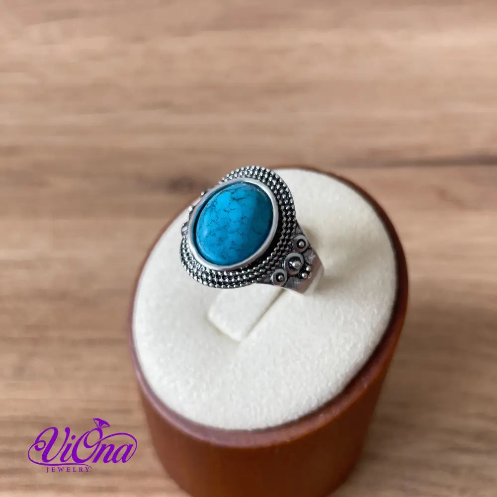 Natural stone turquoise ring with engraved 925 sterling silver