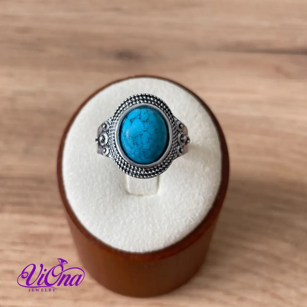 Natural stone turquoise ring with engraved 925 sterling silver