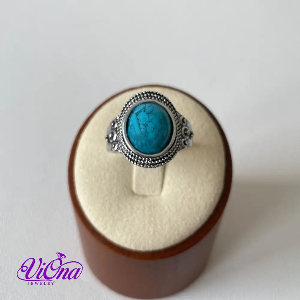 Natural stone turquoise ring with engraved 925 sterling silver