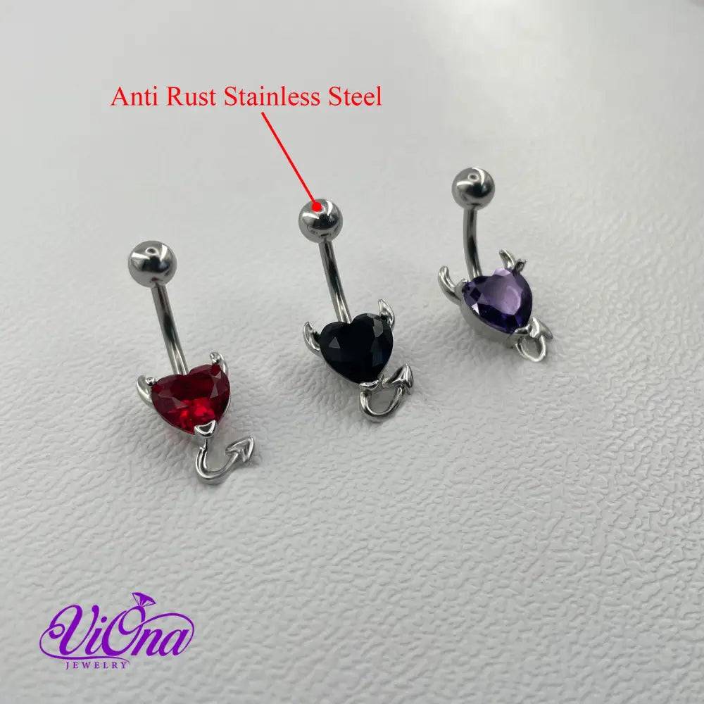 Navel and Belly Button Piercing - Heart-Shaped Gothic Style (Black, Red, Purple) - Anti-Rust, Anti-Allergy Stainless Steel