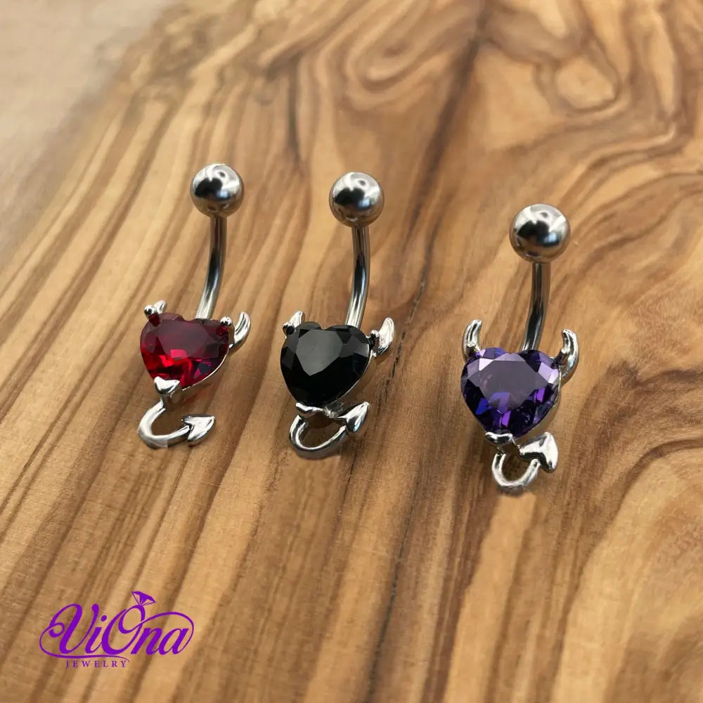 Navel and Belly Button Piercing - Heart-Shaped Gothic Style (Black, Red, Purple) - Anti-Rust, Anti-Allergy Stainless Steel