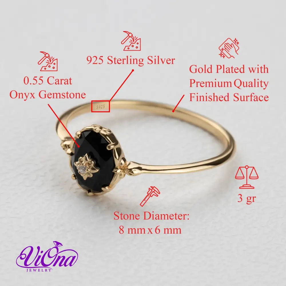 Onyx Celestial Noir: Gold-Plated 925 Sterling Silver Ring with Star Accent for Root Chakra Harmony