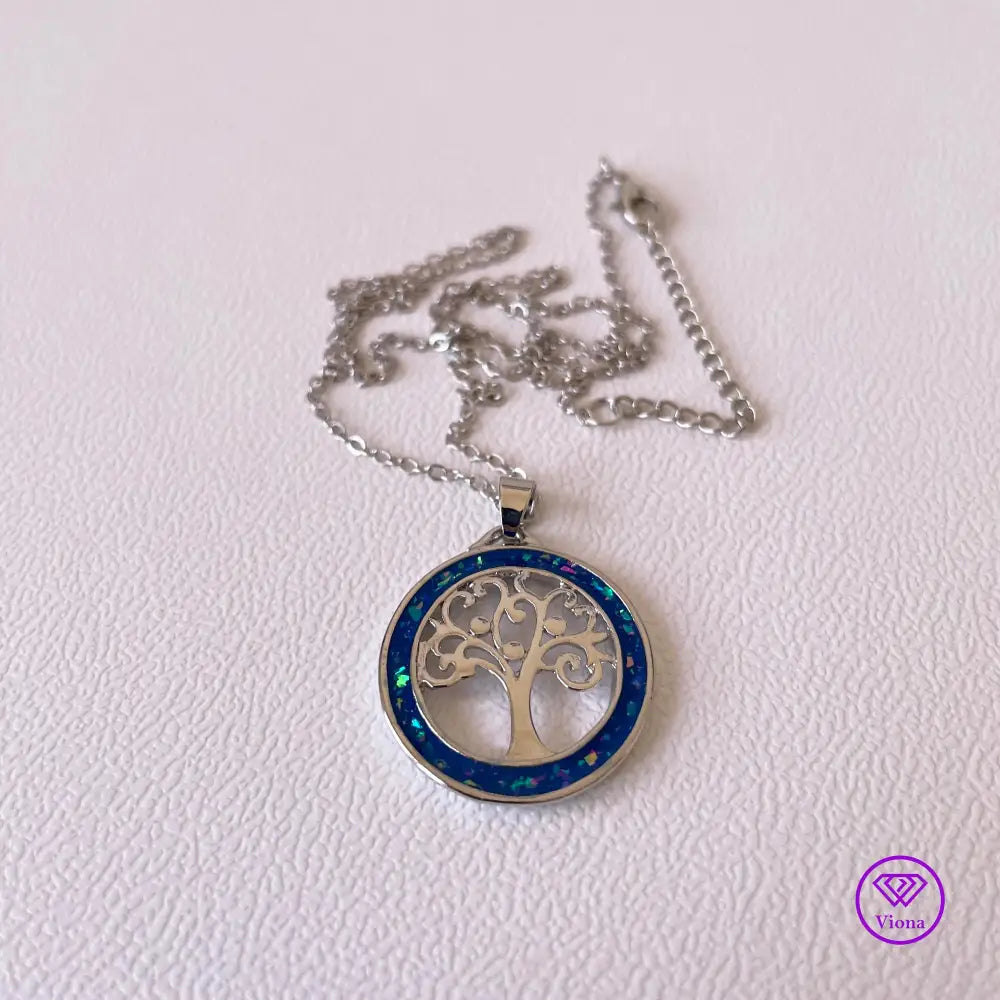 Opal Blue tree of life necklace in silver frame