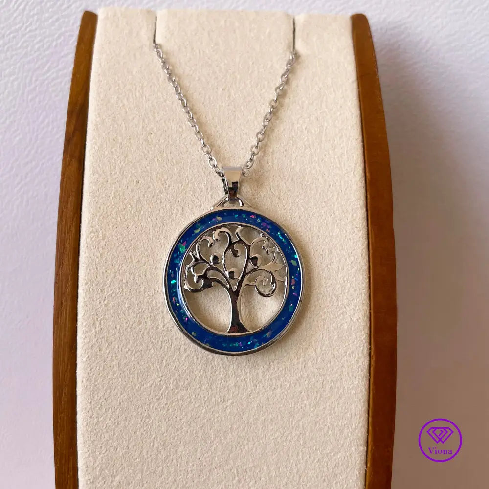 Opal Blue tree of life necklace in silver frame