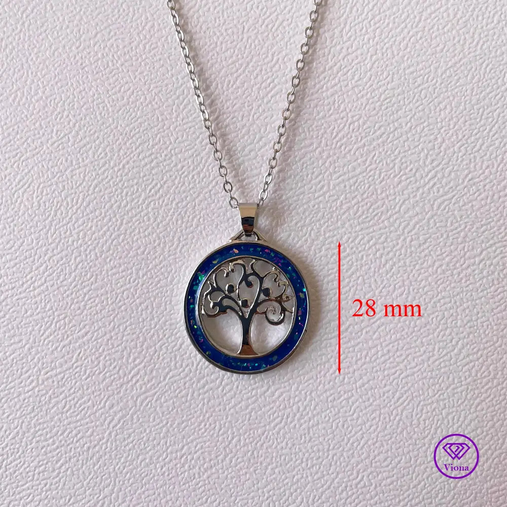 Opal Blue tree of life necklace in silver frame