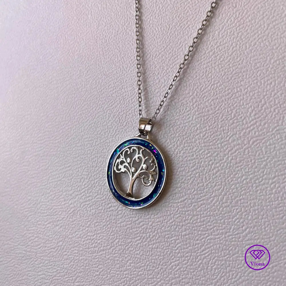 Opal Blue tree of life necklace in silver frame