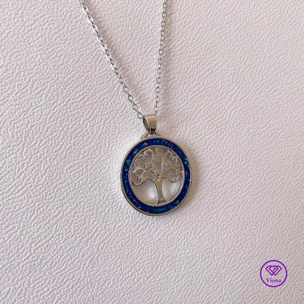 Opal Blue tree of life necklace in silver frame