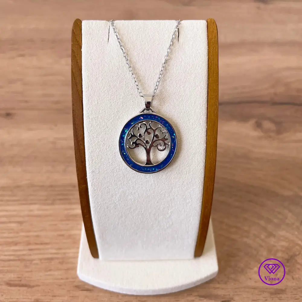 Opal Blue tree of life necklace in silver frame