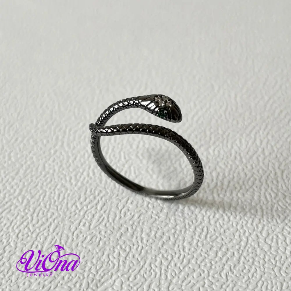 Open Snake Ring from 925 Sterling Silver with Green CZ and Platinum Plated in Gold, Silver, Rosegold and Black