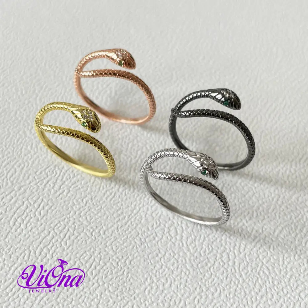 Open Snake Ring from 925 Sterling Silver with Green CZ and Platinum Plated in Gold, Silver, Rosegold and Black