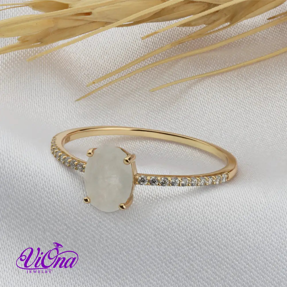 Oval Natural Moonstone Ring in Gold-Plated 925 Sterling Silver with Cubic Zirconia Accents - Spiritual Bohemian Elegance