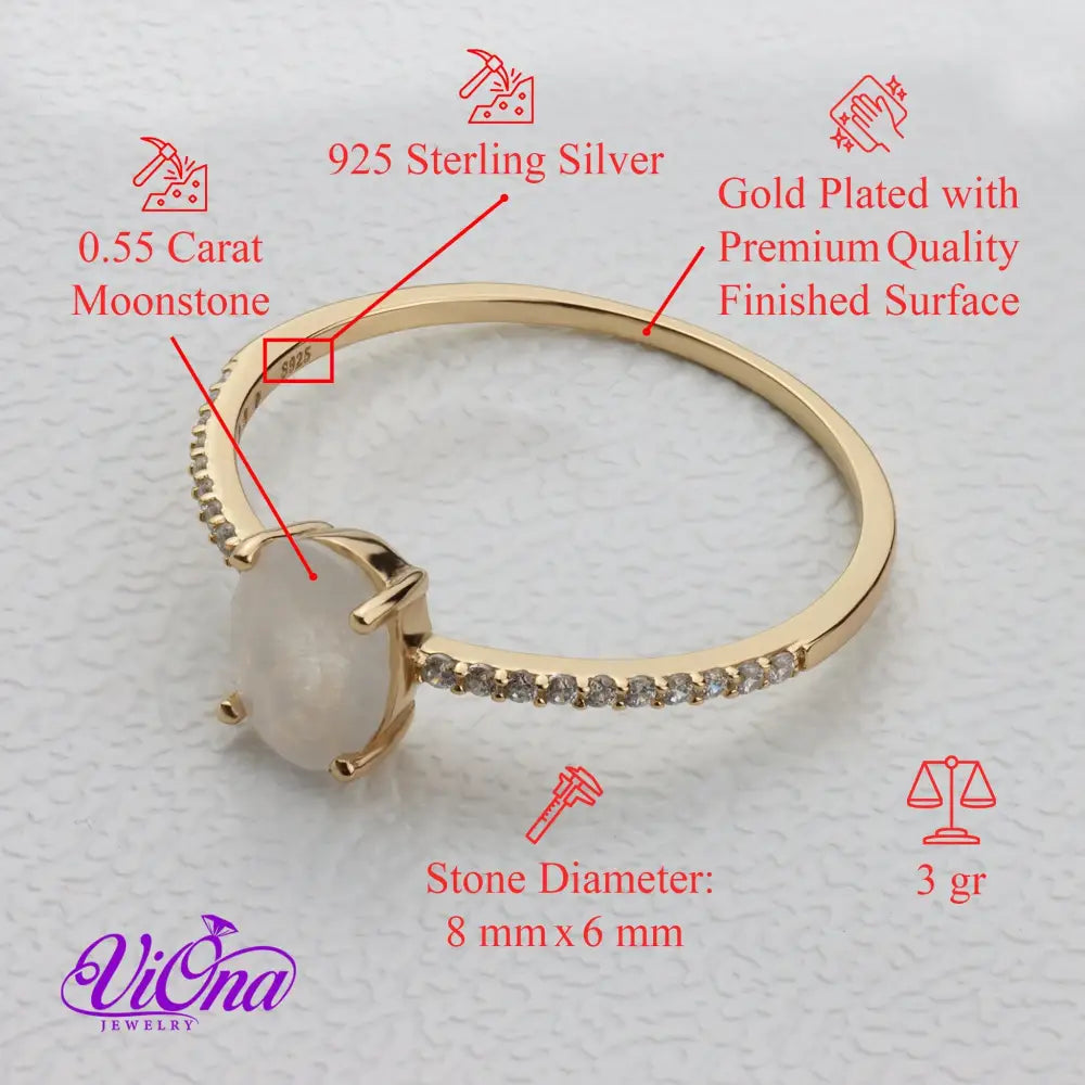 Oval Natural Moonstone Ring in Gold-Plated 925 Sterling Silver with Cubic Zirconia Accents - Spiritual Bohemian Elegance