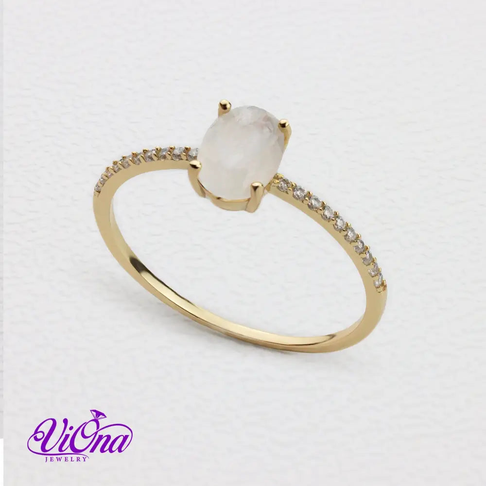 Oval Natural Moonstone Ring in Gold-Plated 925 Sterling Silver with Cubic Zirconia Accents - Spiritual Bohemian Elegance