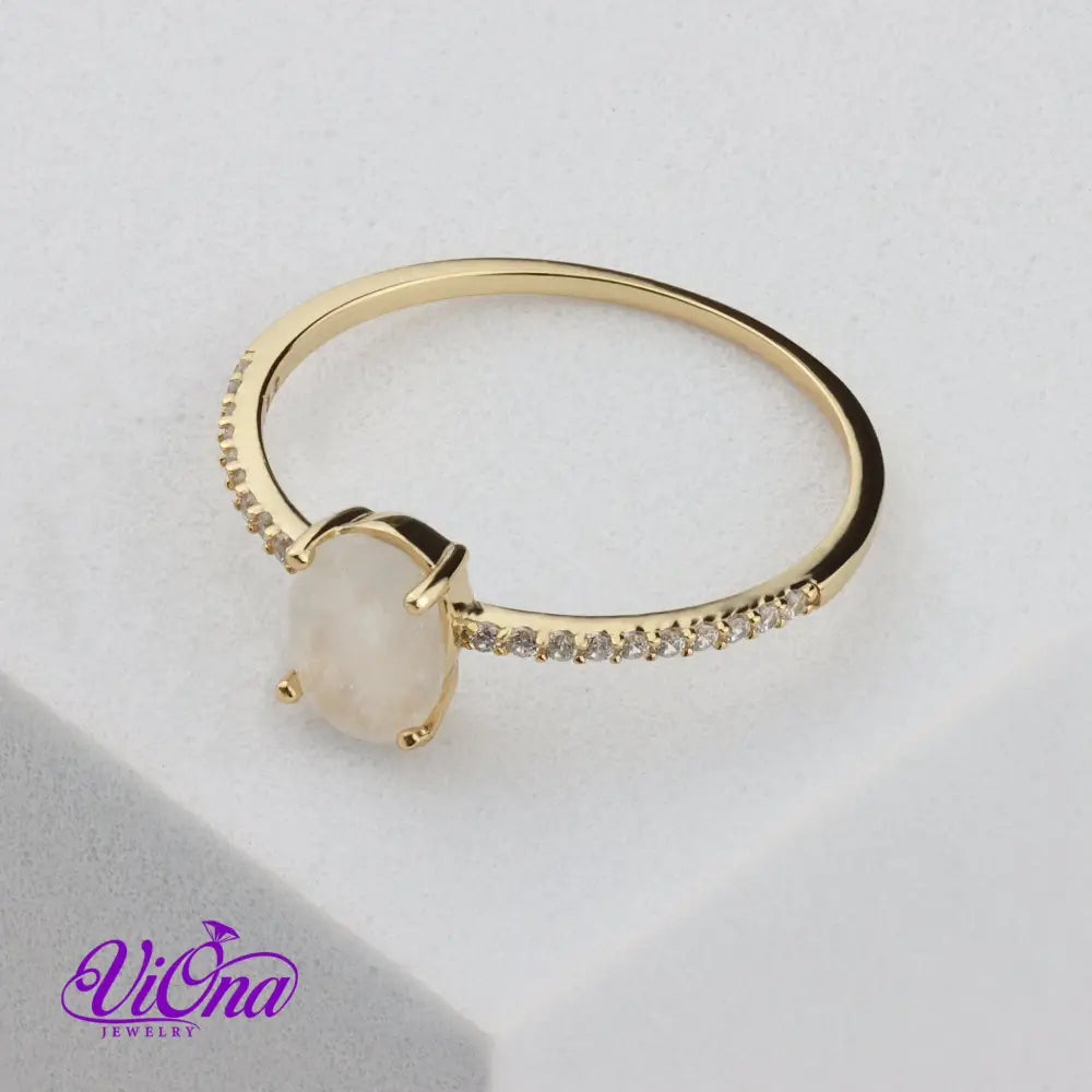 Oval Natural Moonstone Ring in Gold-Plated 925 Sterling Silver with Cubic Zirconia Accents - Spiritual Bohemian Elegance