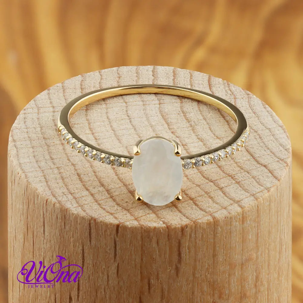 Oval Natural Moonstone Ring in Gold-Plated 925 Sterling Silver with Cubic Zirconia Accents - Spiritual Bohemian Elegance