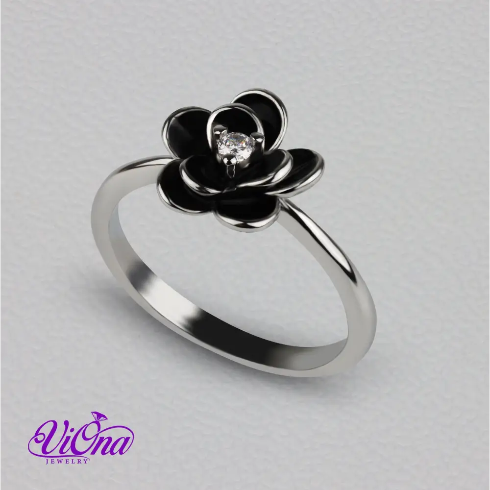 Platinum-Coated 925 Sterling Silver Lotus Flower Ring with Black Gemstone Accent - Elegant Nature-Inspired Ring