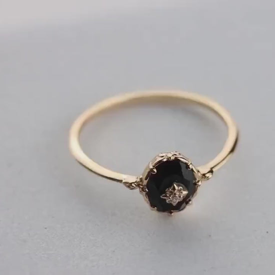 Onyx Celestial Noir: Gold-Plated 925 Sterling Silver Ring with Star Accent for Root Chakra Harmony