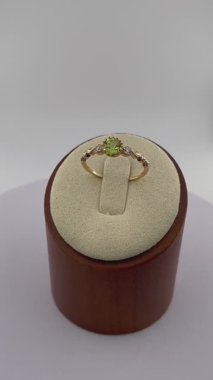 Real Peridot Ring, Round Cut in Gold Plated 925 Sterling Silver with Premium Quality Polished surface plus two CZ side stones