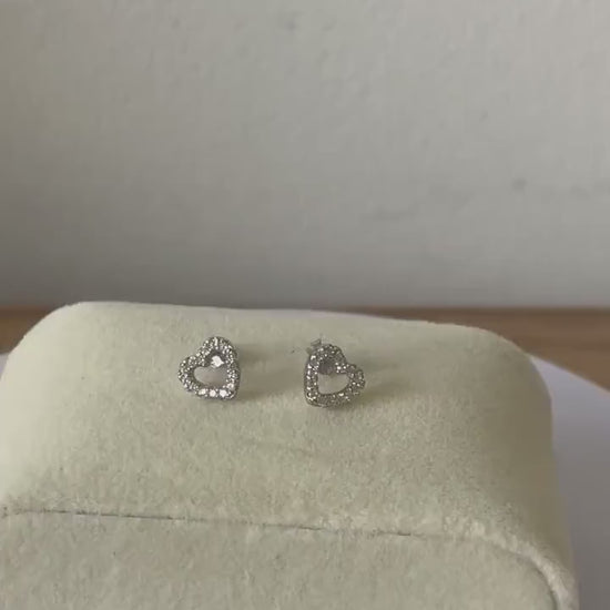 Hollow Heart Stud Earrings with Decorated CZ Stones from 925 Sterling Silver