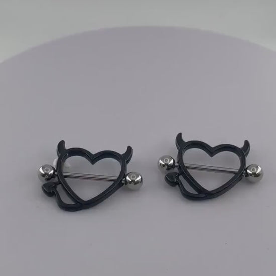 Black Gothic Heart Nipple Piercing with Horns in Pairs, 14 G with 316 Surgical Steel and Anti-Allergy Coating