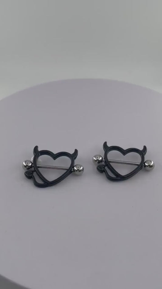 Black Gothic Heart Nipple Piercing with Horns in Pairs, 14 G with 316 Surgical Steel and Anti-Allergy Coating