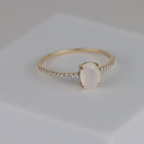 Oval Natural Moonstone Ring in Gold-Plated 925 Sterling Silver with Cubic Zirconia Accents - Spiritual Bohemian Elegance