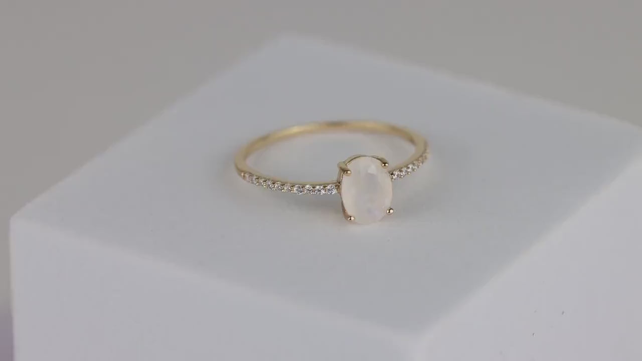 Oval Natural Moonstone Ring in Gold-Plated 925 Sterling Silver with Cubic Zirconia Accents - Spiritual Bohemian Elegance