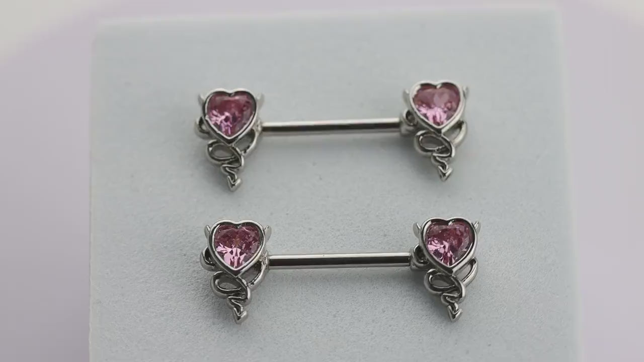 Gothic Heart Nipple Piercing in Pink with Devil Horns, 14G Surgical Steel, and Anti-Allergy Coating