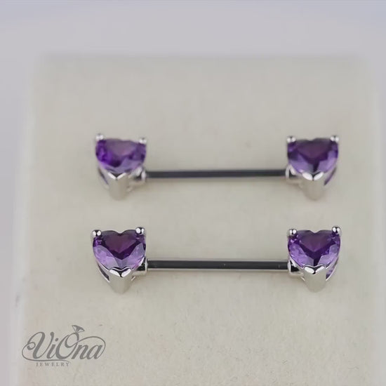 Purple Heart-Shaped Nipple Piercing Pair from Anti-Rust and Tarnish-Resistant 316L Surgical Steel in 14G Gauge