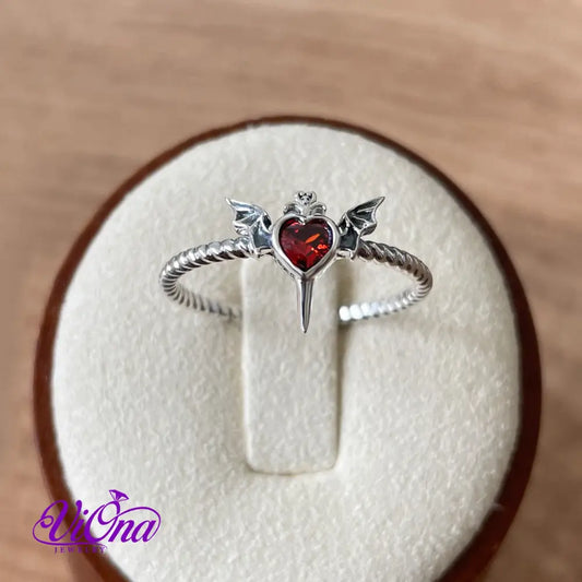 Pure 925 Sterling Silver Red Heart Devil Ring with Wings