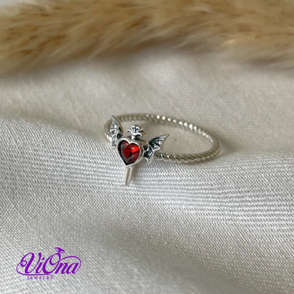 Pure 925 Sterling Silver Red Heart Devil Ring with Wings